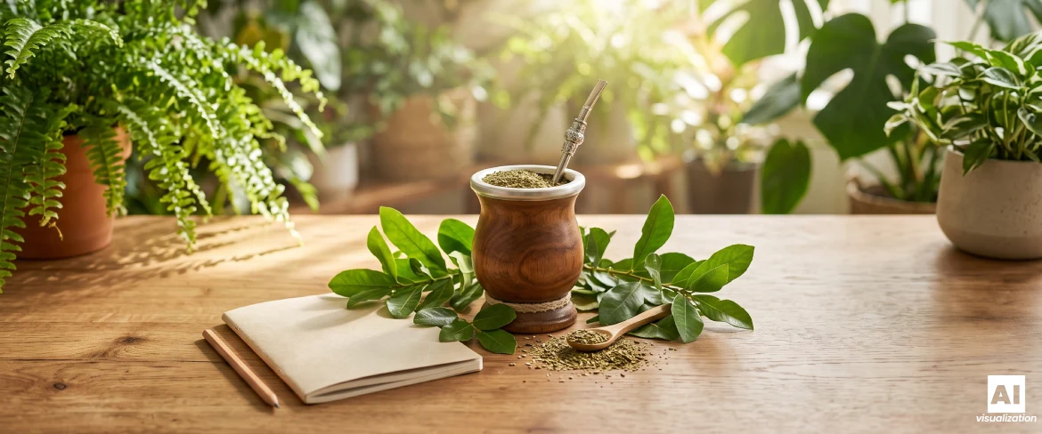Yerba mate v dřevěné kalabace s listy yerba mate a zápisníkem na stole.