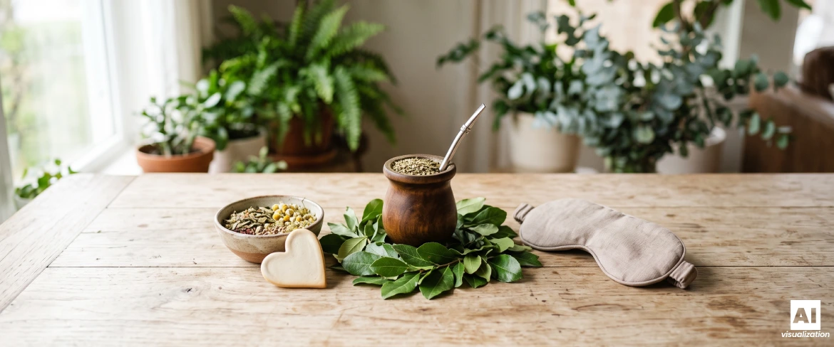 Yerba mate v kalabace obklopená listy, bylinkami a spací maskou.