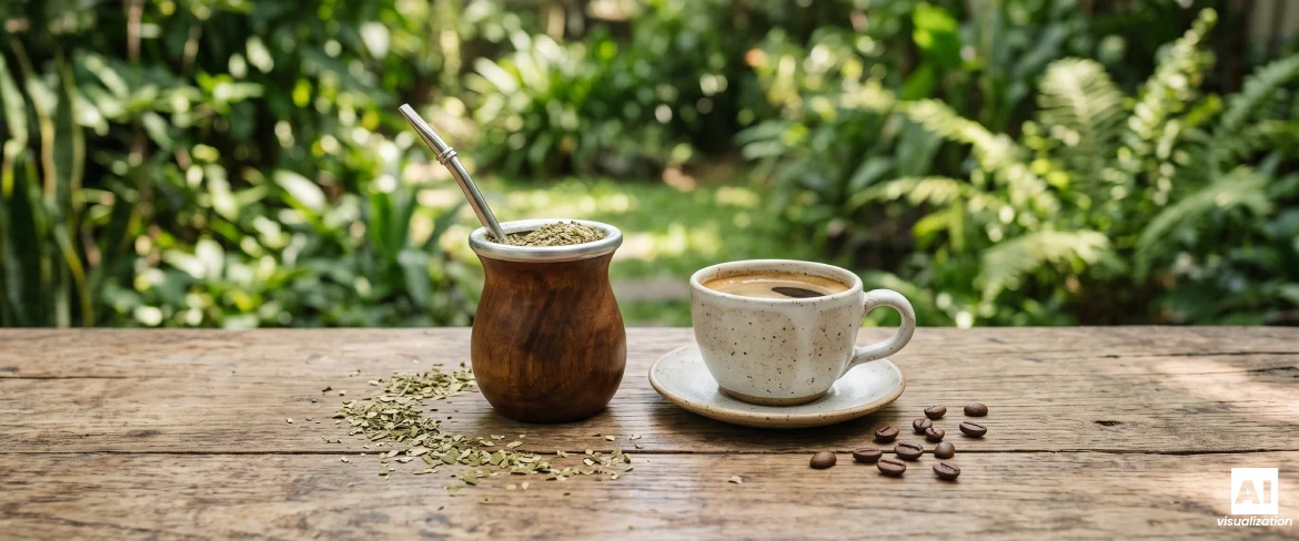 Yerba mate a šálek kávy vedle sebe na dřevěném stole.