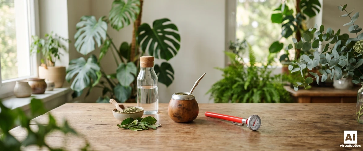 Láhev na mate s yerba mate, vodou, sušenou yerba mate a teploměrem pro měření teploty nálevu.
