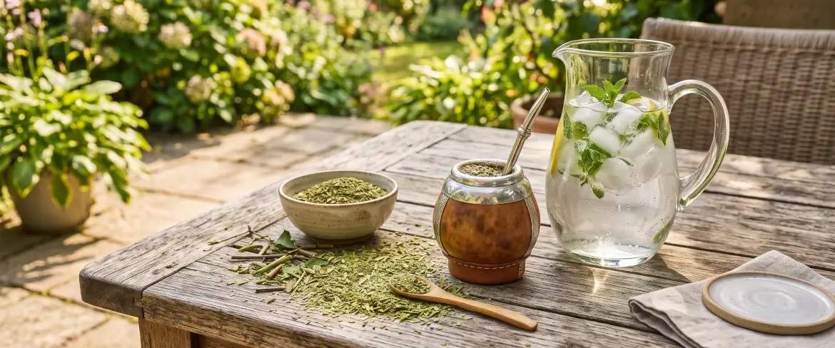Listy yerba mate a skleněná karafa s ledově studenou vodou
