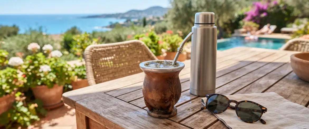 Letní odpočinek na terase s termoskou a kalabashou na mate