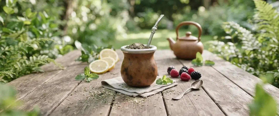 Dýně s yerba mate na dřevěném stole, vedle ní citron a máta, což vytváří přirozenou atmosféru pro tento nápoj.
