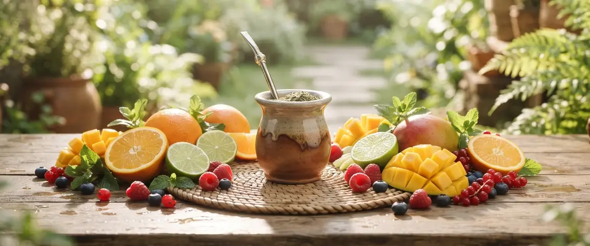 Ovocná yerba mate s příchutí citrusů, manga a lesních plodů, podávaná v kalabase, vytváří svěží a osvěžující nápoj.