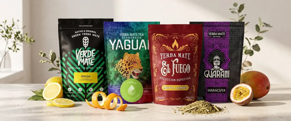Doypacky s yerba mate v různých příchutích s ovocem, včetně citrusové a ovocné yerba mate.