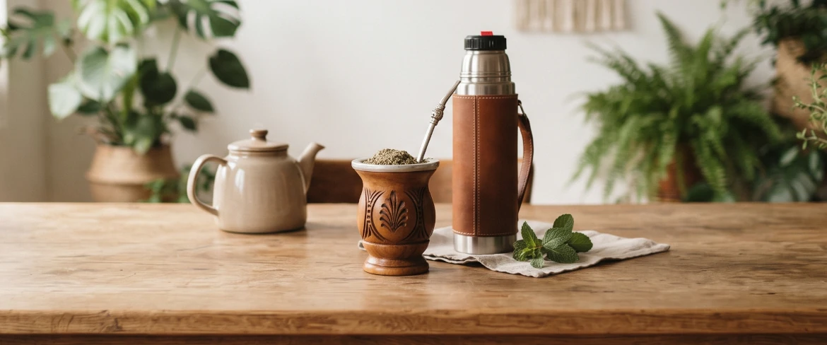 Tykvička na mate s yerbou mate, termoska a příslušenství na přípravu nápoje na stole, což znázorňuje každodenní rituál pití yerby mate.