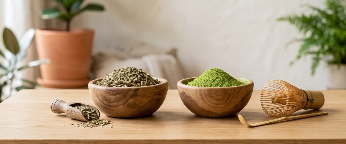 Zelený čaj matcha vs. yerba mate: dřevěné misky se suchými listy yerba mate a zeleným práškem matcha.
