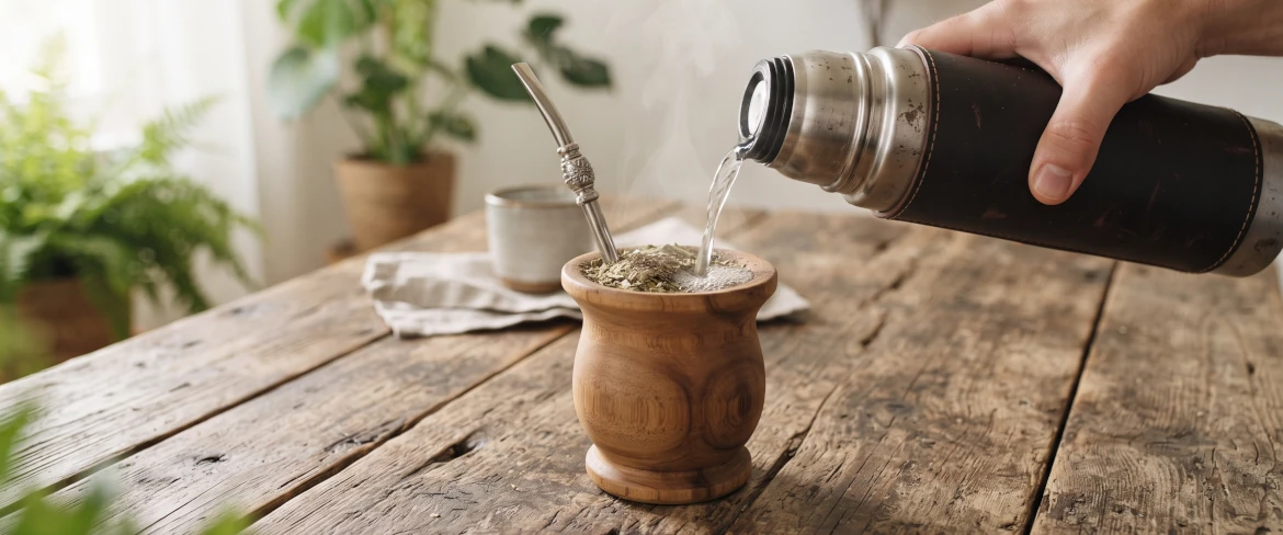 Horká voda se nalévá z termosky do dřevěné nádoby na mate s yerbou mate a bombillou.