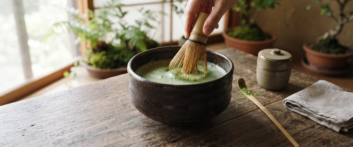 Tradiční příprava matcha v tmavé misce pomocí bambusové metličky chasen.