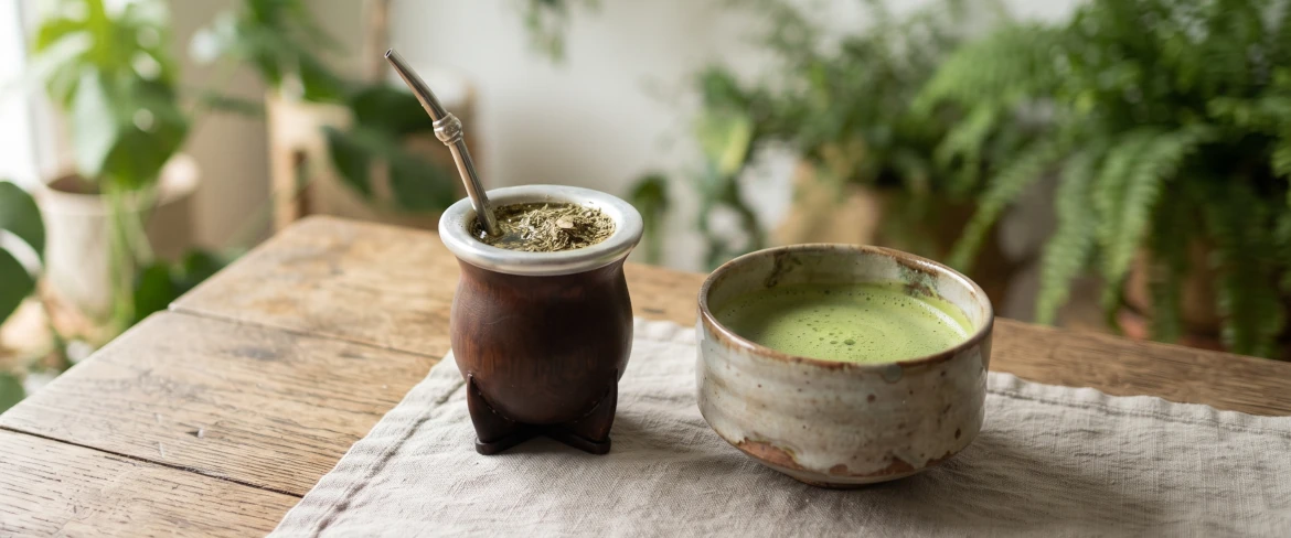 Přímé srovnání matcha a yerba mate: kalabaska na mate s bombillou a keramická miska s nálevem.