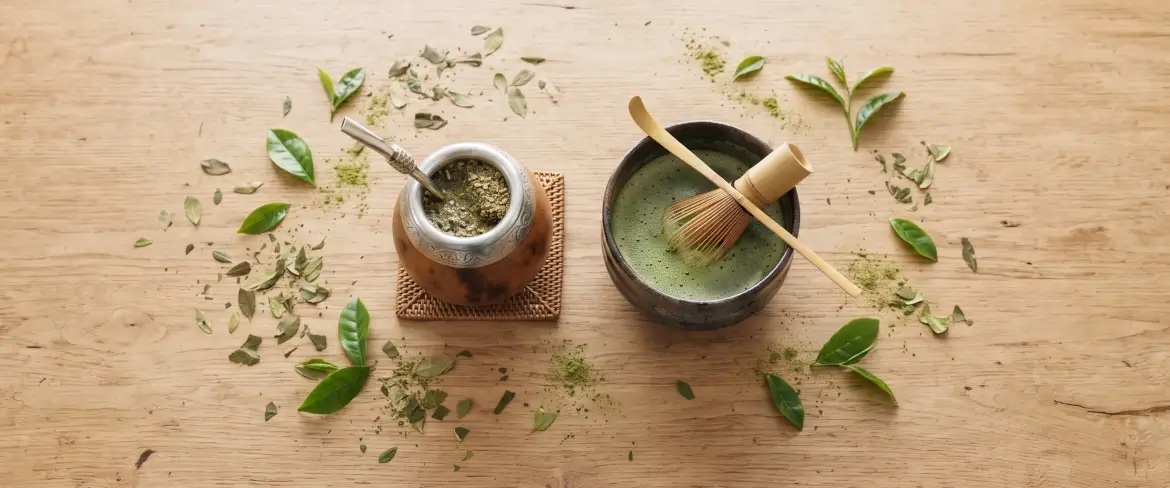Pohled shora na yerba mate a matcha: dřevěná kalabasa na mate a keramická miska obklopené listy.