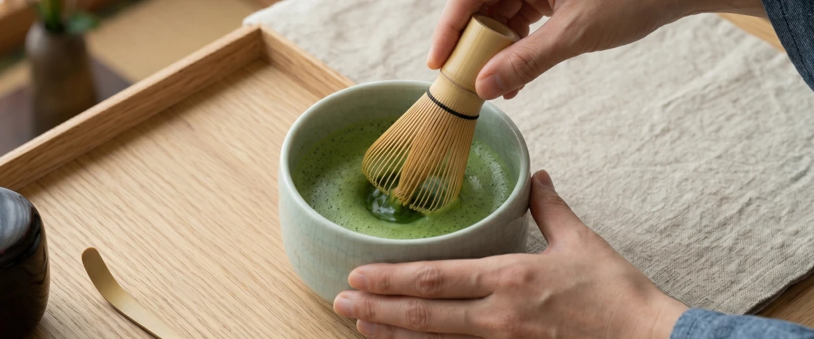 Příprava čaje matcha v misce matchawan pomocí metličky chasen – sada na matcha