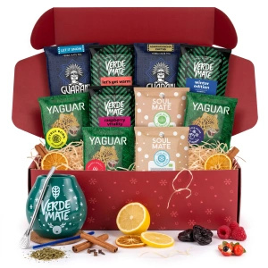 Vánoční dárkový set yerba mate: vzorky 10x50g + kalabasa Verde Mate Winter Time a bombilla