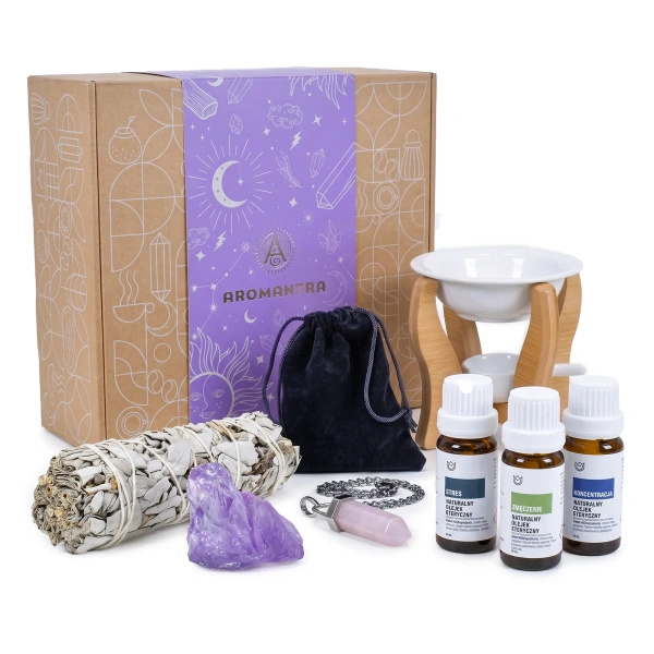 Esoterická dárková sada pro aromaterapii: esenciální oleje + bílá šalvěj + příslušenství