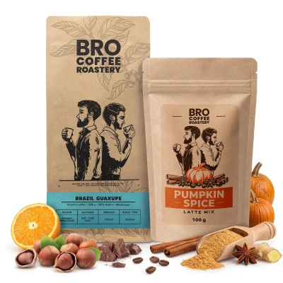 Sada na Pumpkin Spice Latte: káva Bro Coffee Roastery Brazil Guaxupe 1kg + Pumpkin Spice Latte Mix 100g
