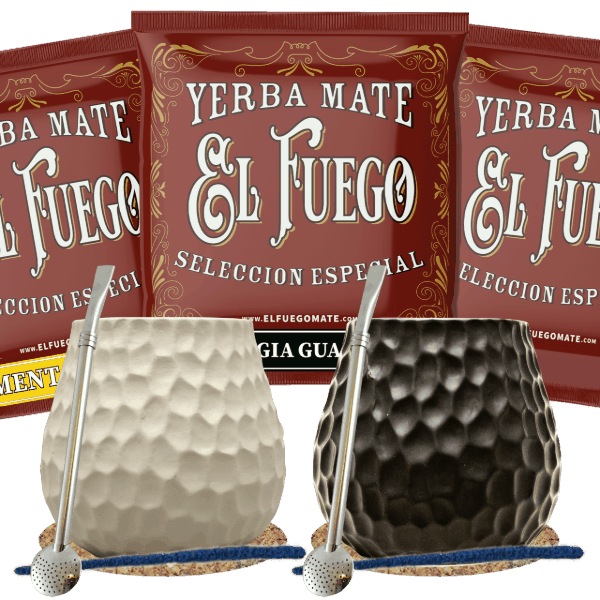 Sada Yerba Mate pro dva: vzorky El Fuego 3x50g + 2x Kalabása + 2x Bombilla
