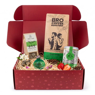 Vánoční dárková sada s kávou a čajem: Bro Coffee Roastery Brazil Samba + čaje Mary Rose