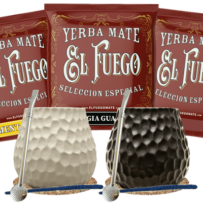 Sada Yerba Mate pro dva: vzorky El Fuego 3x50g + 2x Kalabása + 2x Bombilla