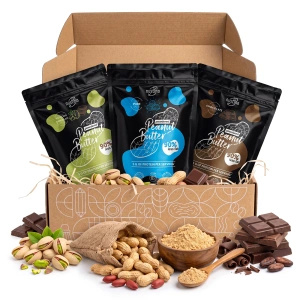 Dárková sada arašídového másla v prášku Nustino: Pure + Chocolate + Pistachio & Chocolate 3x400g