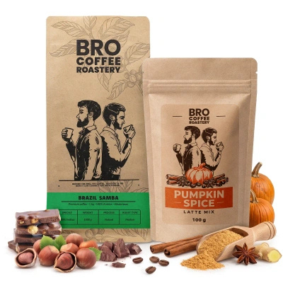 Sada na Pumpkin Spice Latte: káva Bro Coffee Roastery Brazil Samba 1kg + Pumpkin Spice Latte Mix 100g