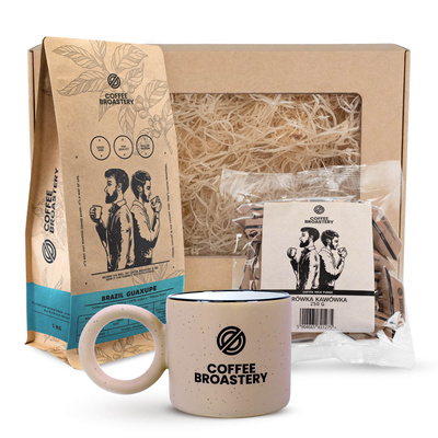 Dárková sada Bro Coffee Roastery: káva Brazil Guaxupe + mléčné karamelky s kávou + hrnek