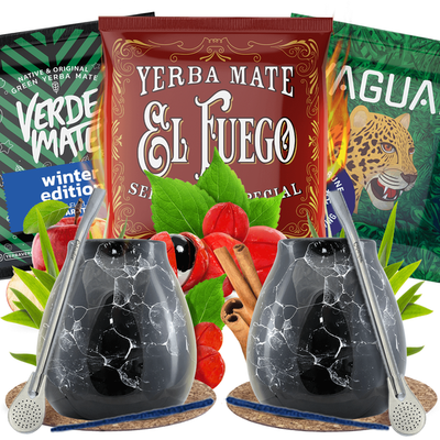 Sada Yerba Mate pro dva: vzorky 3×50g + 2x Kalabása + 2x Bombilla