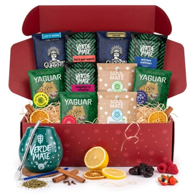 Vánoční dárkový set yerba mate: vzorky 10x50g + kalabasa Verde Mate Winter Time a bombilla