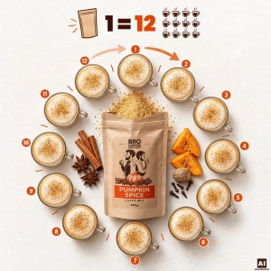 Sada na Pumpkin Spice Latte: káva Bro Coffee Roastery Brazil Guaxupe 1kg + Pumpkin Spice Latte Mix 100g