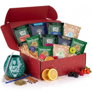 Vánoční dárkový set yerba mate: vzorky 10x50g + kalabasa Verde Mate Winter Time a bombilla