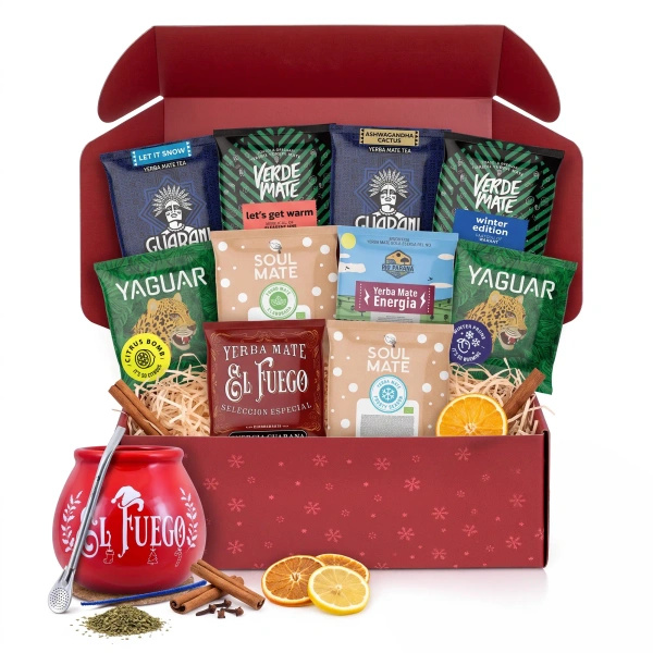 Vánoční dárkový set yerba mate: vzorky 10x50g + kalabasa El Fuego Christmas Edition a bombilla