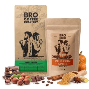 Sada na Pumpkin Spice Latte: káva Bro Coffee Roastery Brazil Samba 1kg + Pumpkin Spice Latte Mix 100g