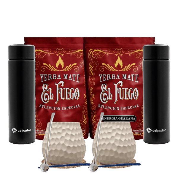 Sada Yerba Mate pro dva: El Fuego 2x500g + 2x Termoska LED + 2x Kalabása + 2x Bombilla