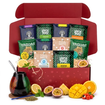 Vánoční dárkový set yerba mate: vzorky 10x50g + kalabasa Samba a bombilla