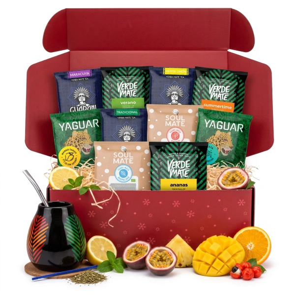 Vánoční dárkový set yerba mate: vzorky 10x50g + kalabasa Samba a bombilla