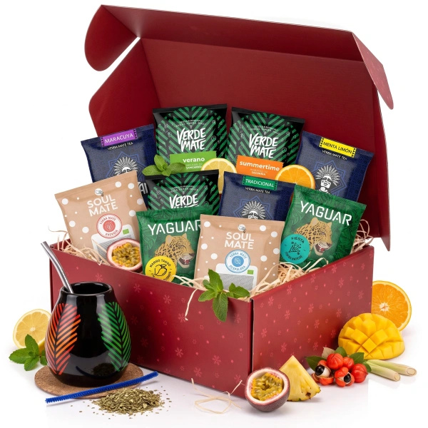 Vánoční dárkový set yerba mate: vzorky 10x50g + kalabasa Samba a bombilla