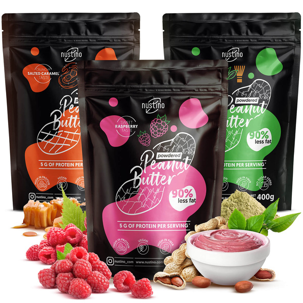 Sada práškového arašídového másla Nustino: Raspberry + Salted Caramel + Matcha 3x400g