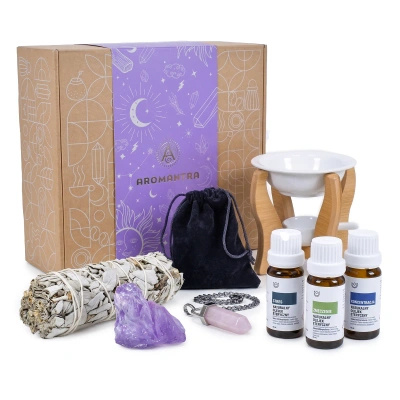 Esoterická dárková sada pro aromaterapii: esenciální oleje + bílá šalvěj + příslušenství
