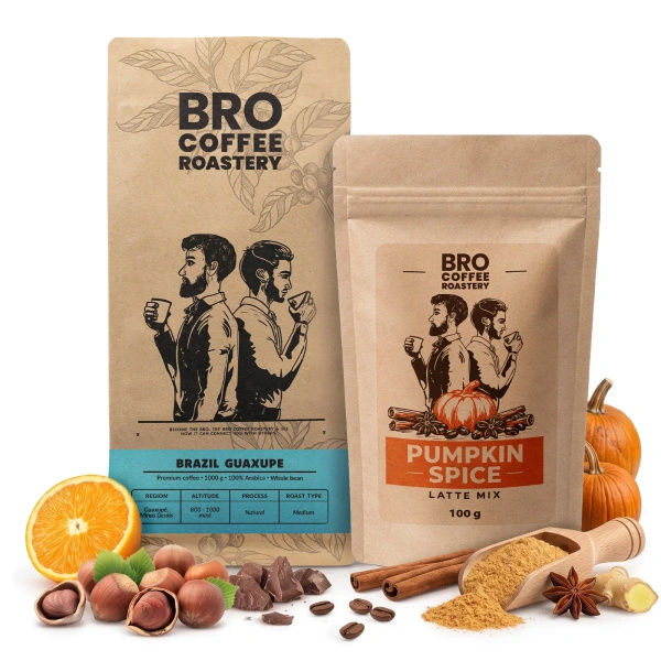 Sada na Pumpkin Spice Latte: káva Bro Coffee Roastery Brazil Guaxupe 1kg + Pumpkin Spice Latte Mix 100g