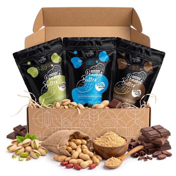 Dárková sada arašídového másla v prášku Nustino: Pure + Chocolate + Pistachio & Chocolate 3x400g