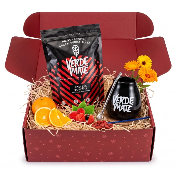 Vánoční dárkový set yerba mate Verde Mate Energía Guaraná 500g + kalebas a bombilla