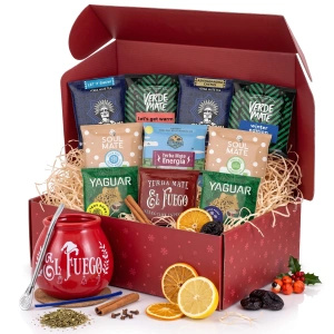 Vánoční dárkový set yerba mate: vzorky 10x50g + kalabasa El Fuego Christmas Edition a bombilla