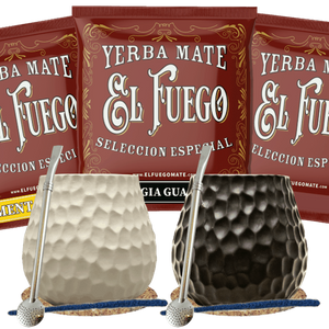 Sada Yerba Mate pro dva: vzorky El Fuego 3x50g + 2x Kalabása + 2x Bombilla