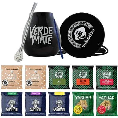 Sada Yerba Mate: vzorky 10x50g + USB ohřívač hrnku + Kalabása + Bombilla