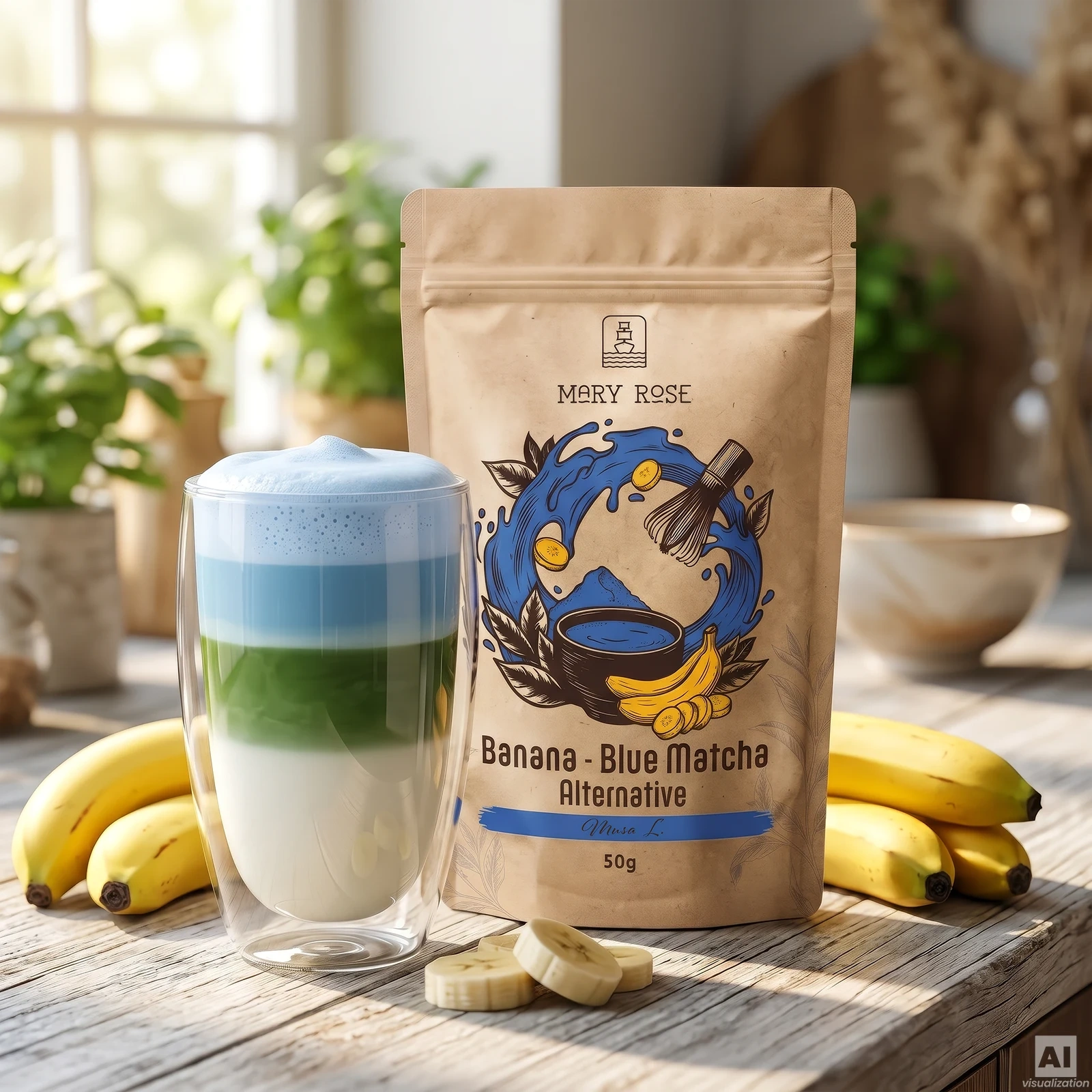 Třívrstvé Blue Banana Matcha Latte s Mary Rose Blue Matcha Alternative Banán