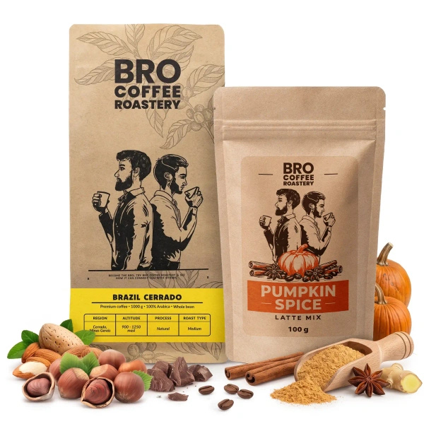 Sada na Pumpkin Spice Latte: káva Bro Coffee Roastery Brazil Cerrado 1kg + Pumpkin Spice Latte Mix 100g